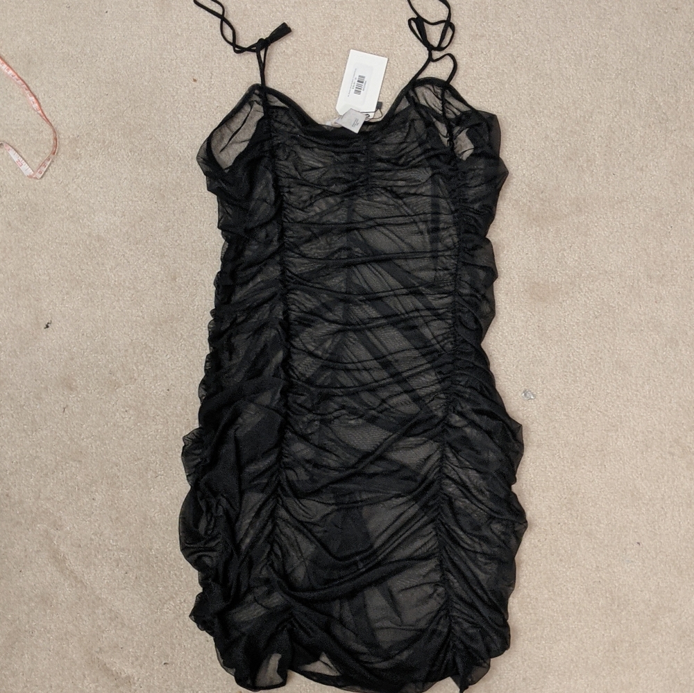 Black body con ruched mesh dress